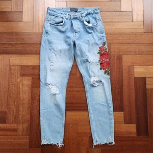 ZARA Distressed Jeans w/ Embroidered Rose